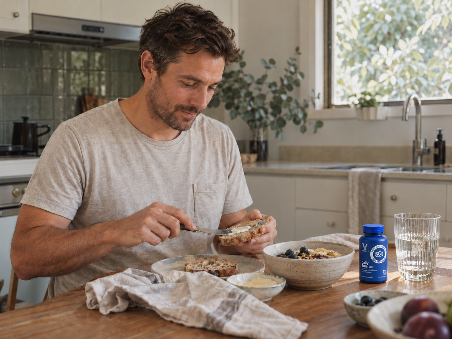 A man preparing breakfast with a small VITAXIS Daily Balance bottle beside his water