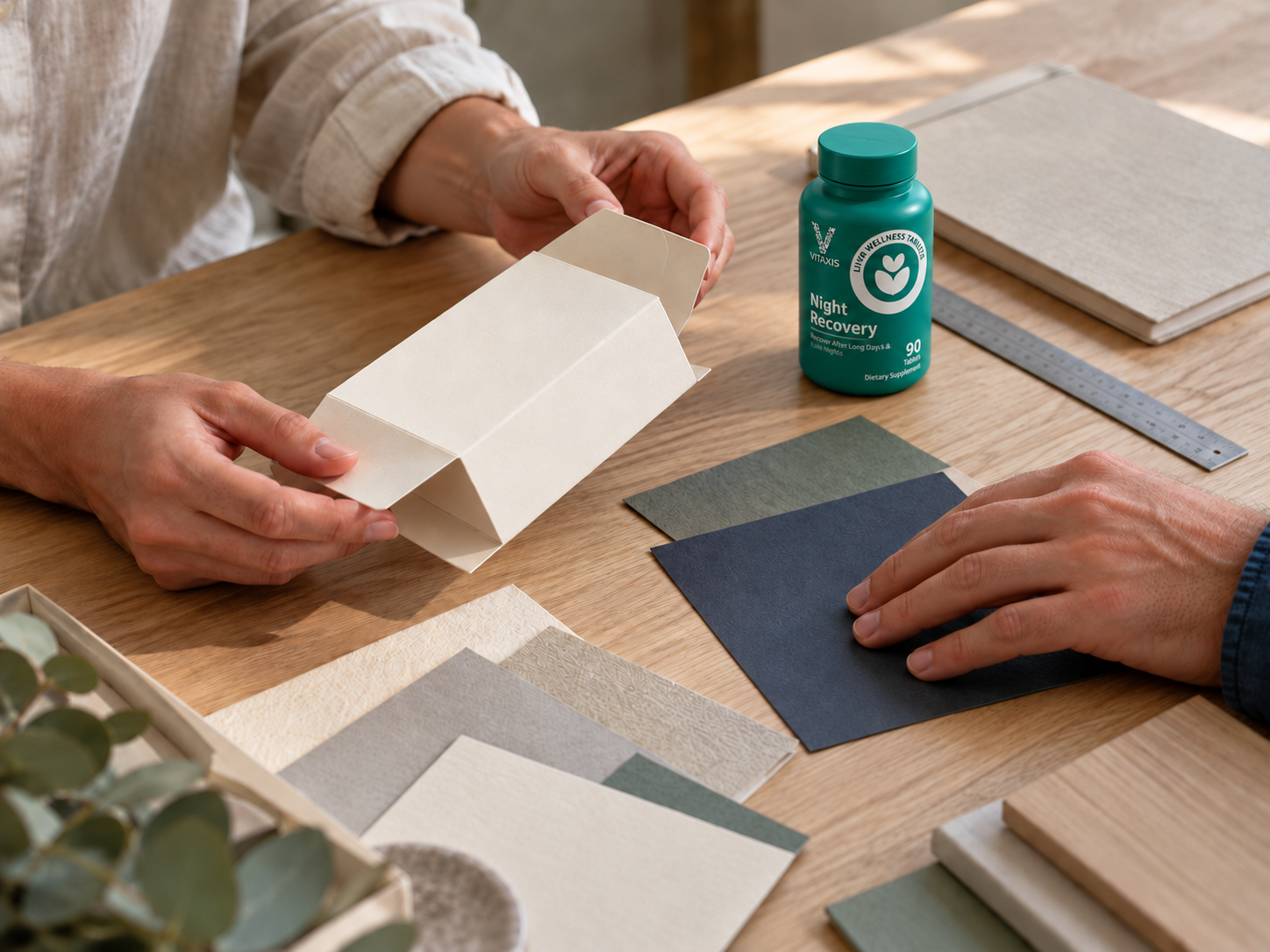 Hands reviewing packaging materials beside a compact VITAXIS Night Recovery sample