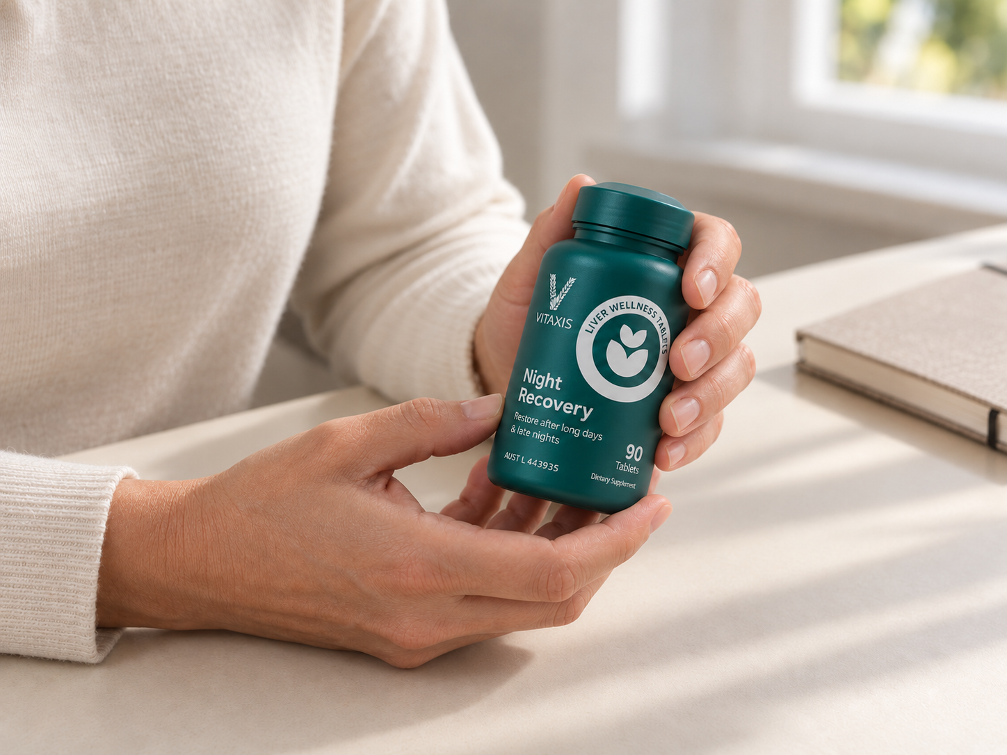 Hands holding a compact VITAXIS Night Recovery bottle to look at the label in natural light