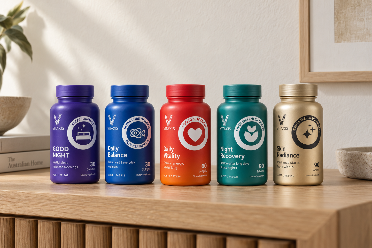 The five VITAXIS daily nutrition products: Good Night, Daily Balance, Daily Vitality, Night Recovery and Skin Radiance
