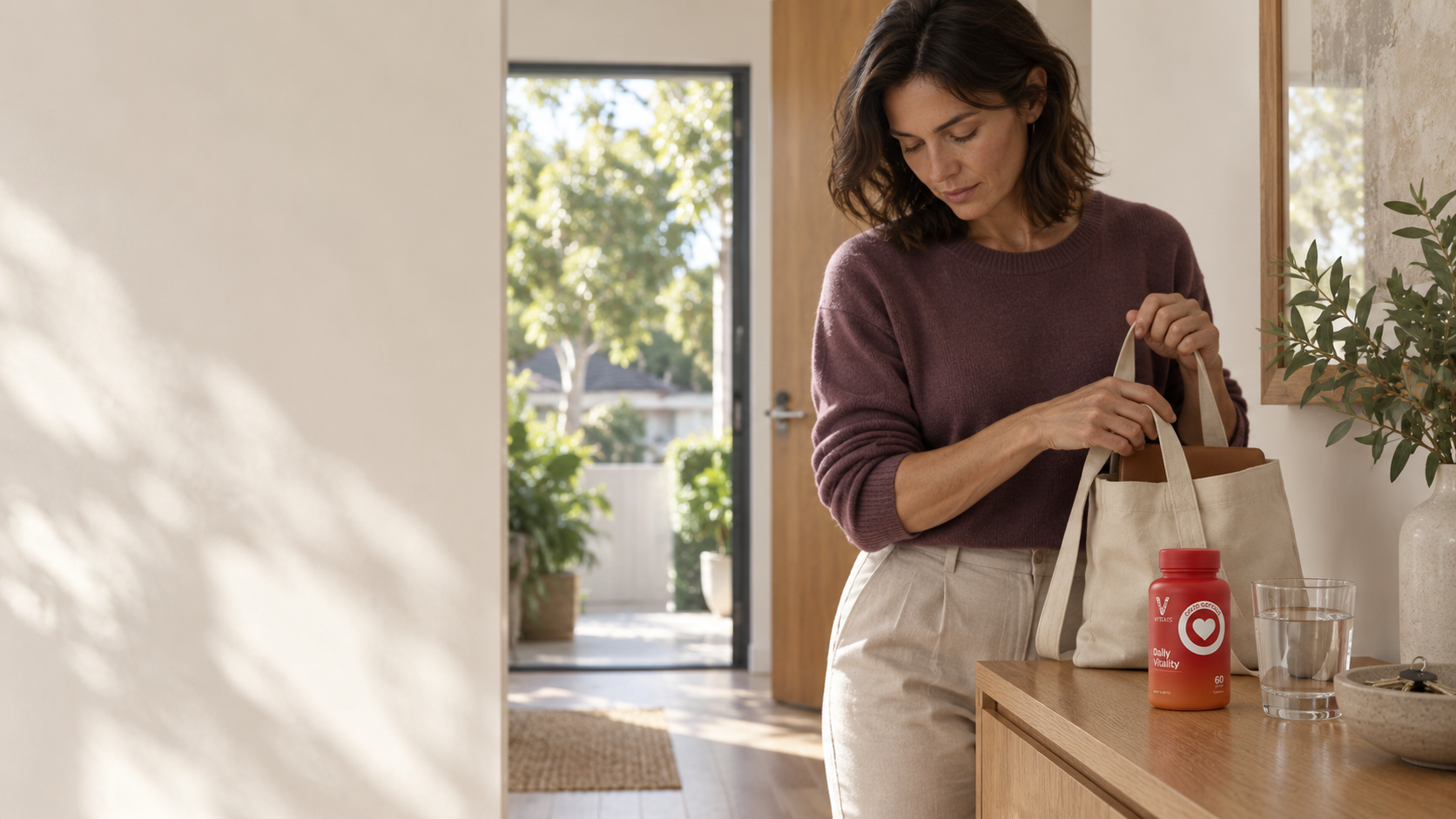 A woman preparing to leave her Australian home, with VITAXIS Daily Vitality on the console