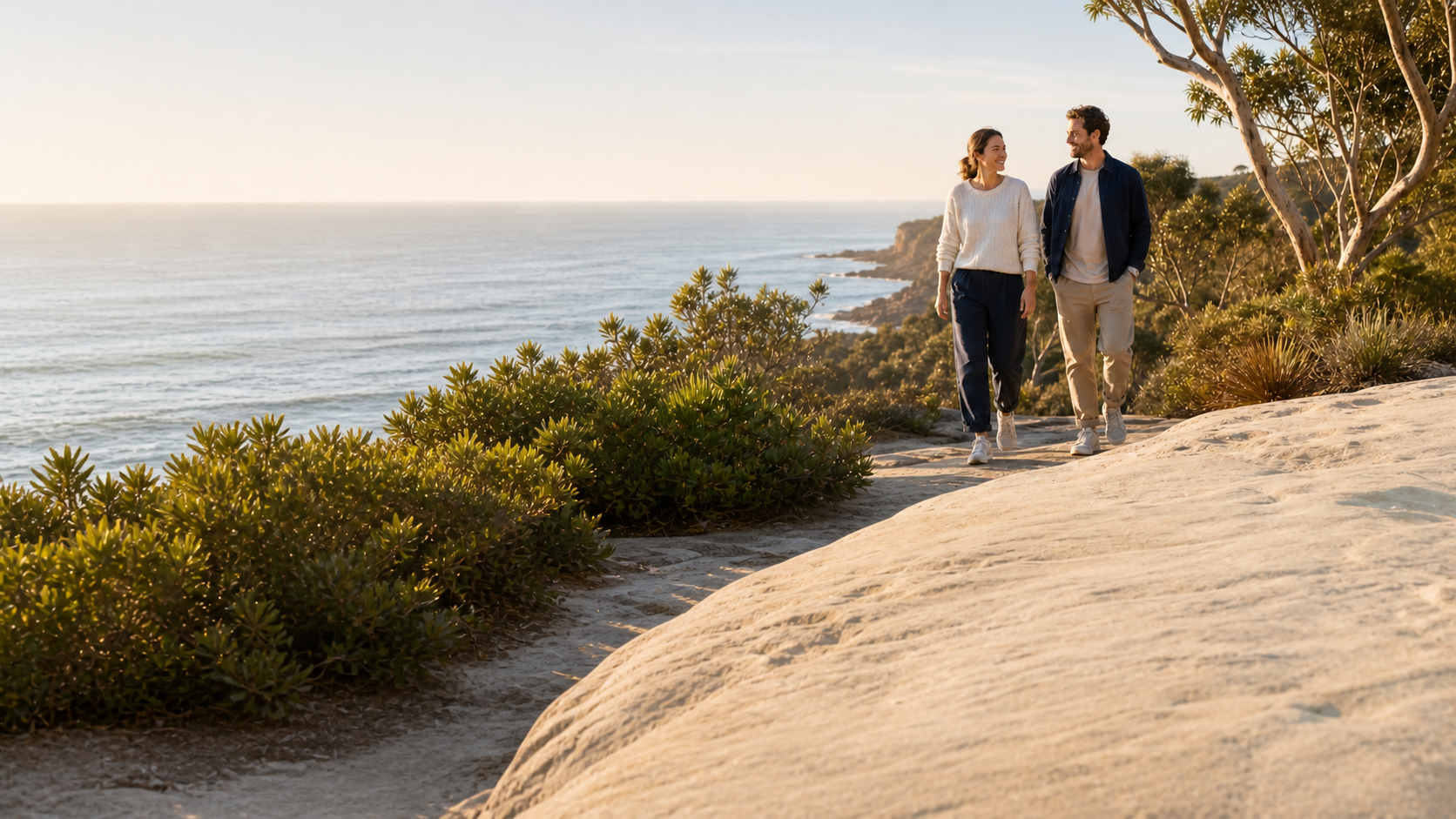 Two people walking along the Australian coastline in warm morning light
