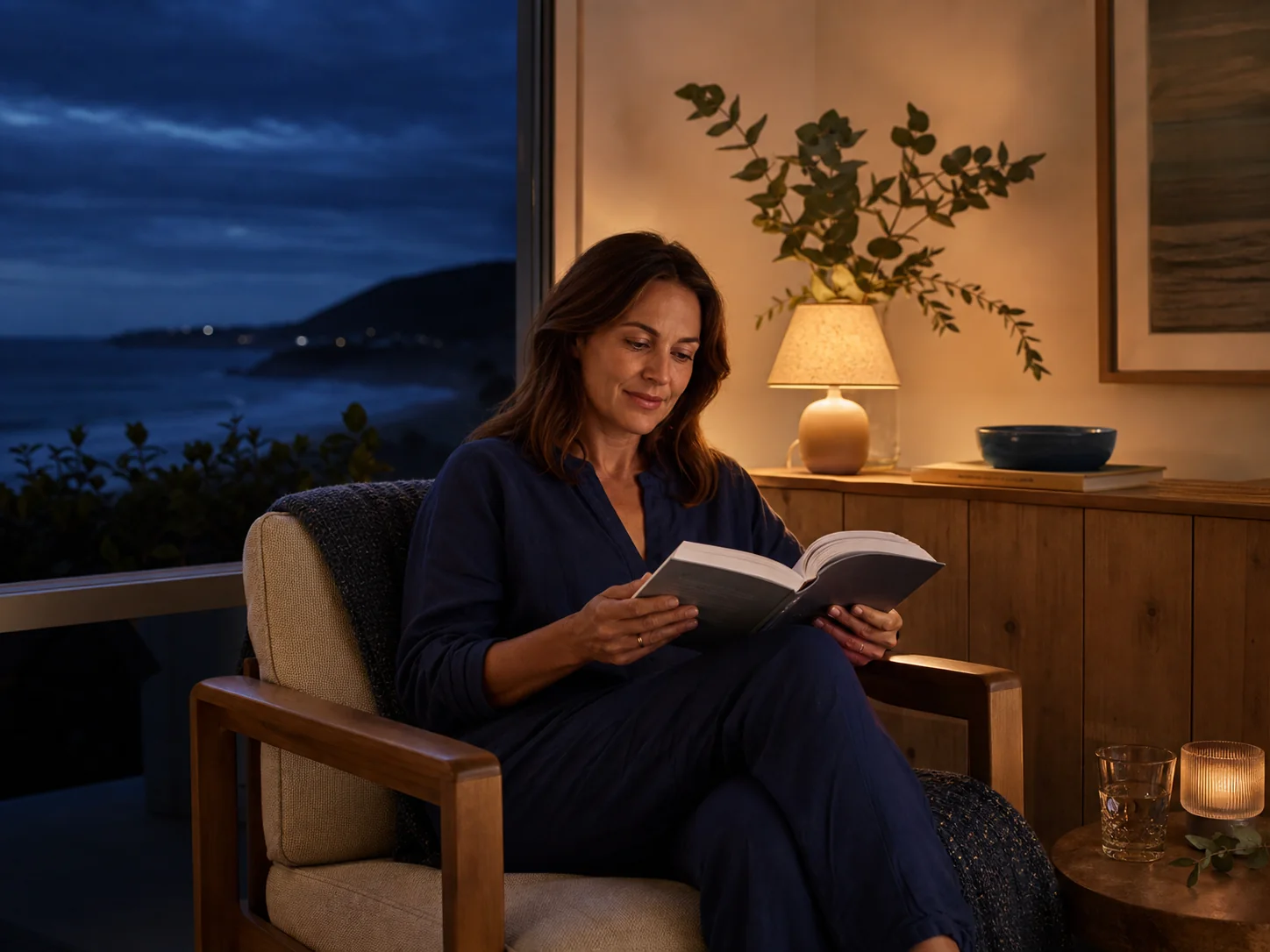 A woman reading quietly beside a warm lamp at blue hour