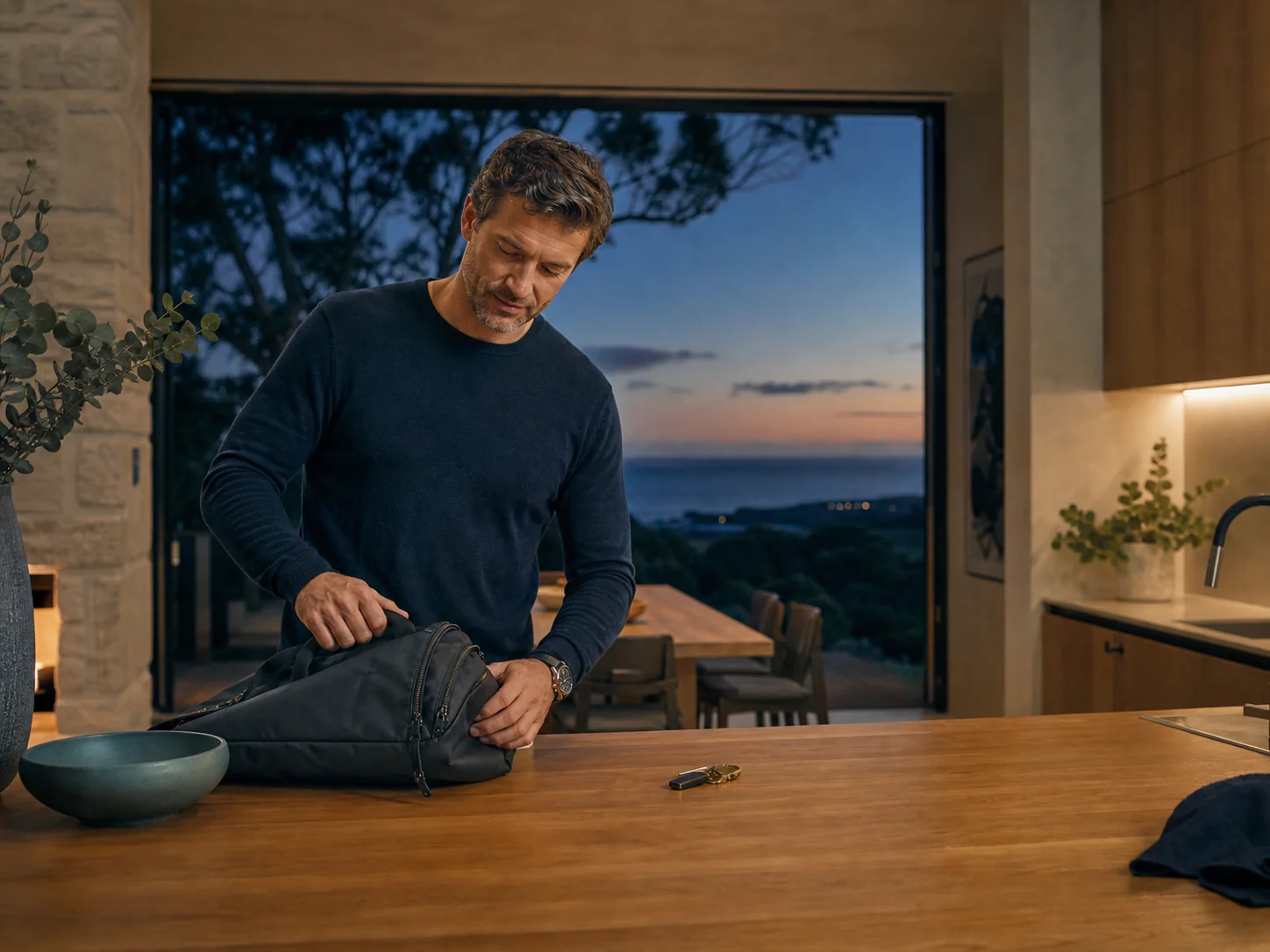 A man arriving home at dusk after a full day