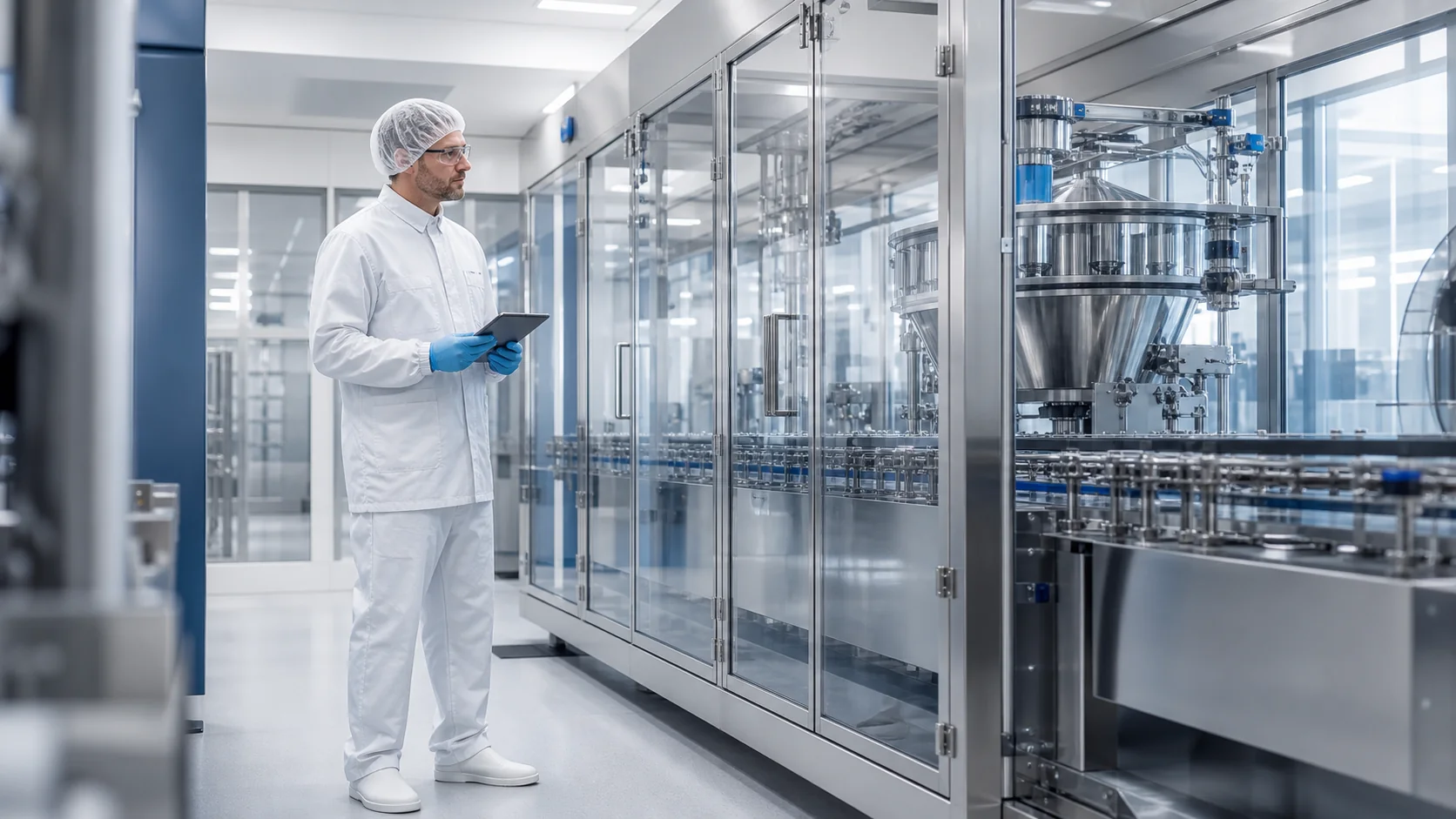 A quality specialist observing a modern clean nutraceutical production line