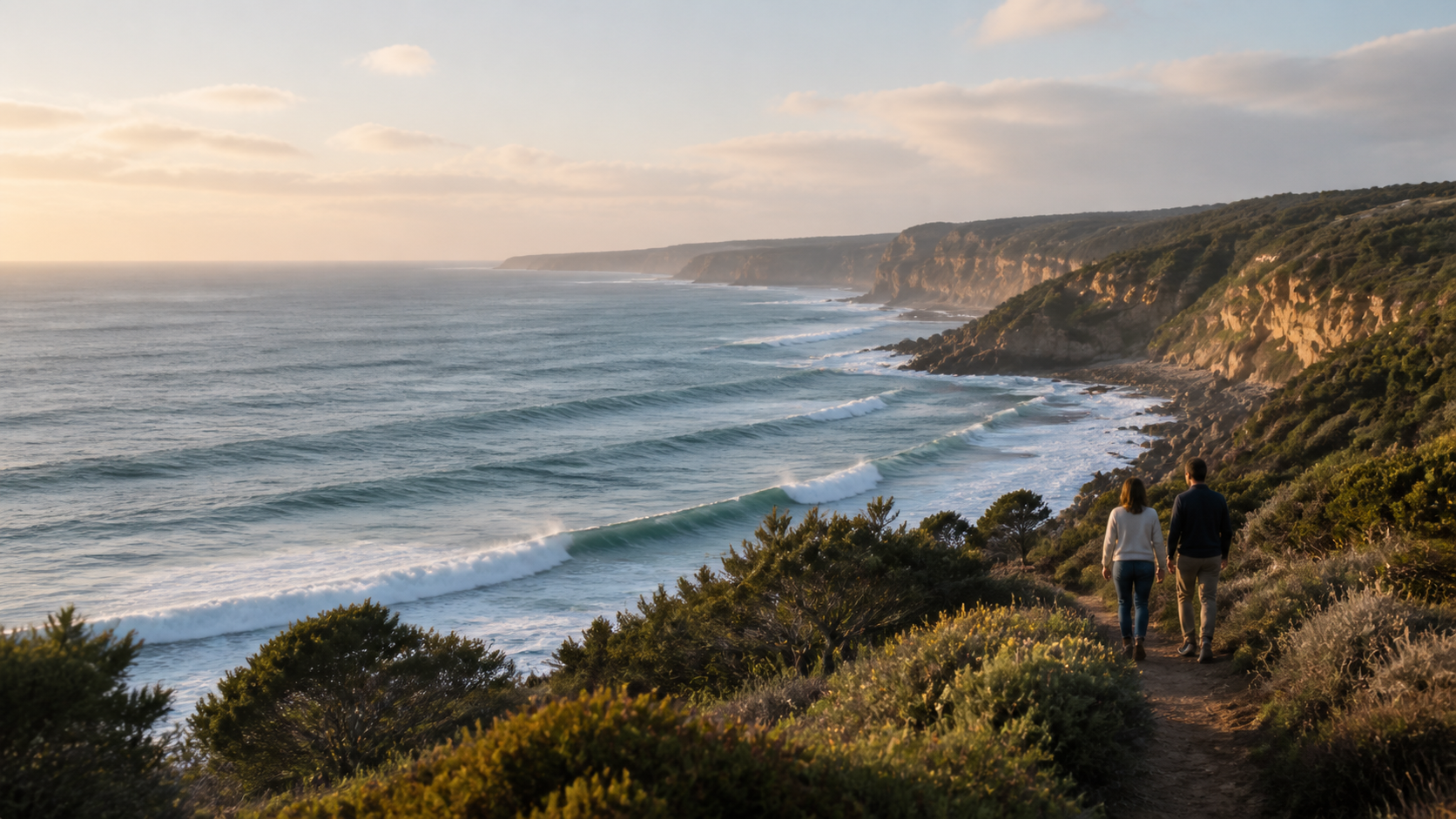 People walking along an Australian coastal trail in warm natural light