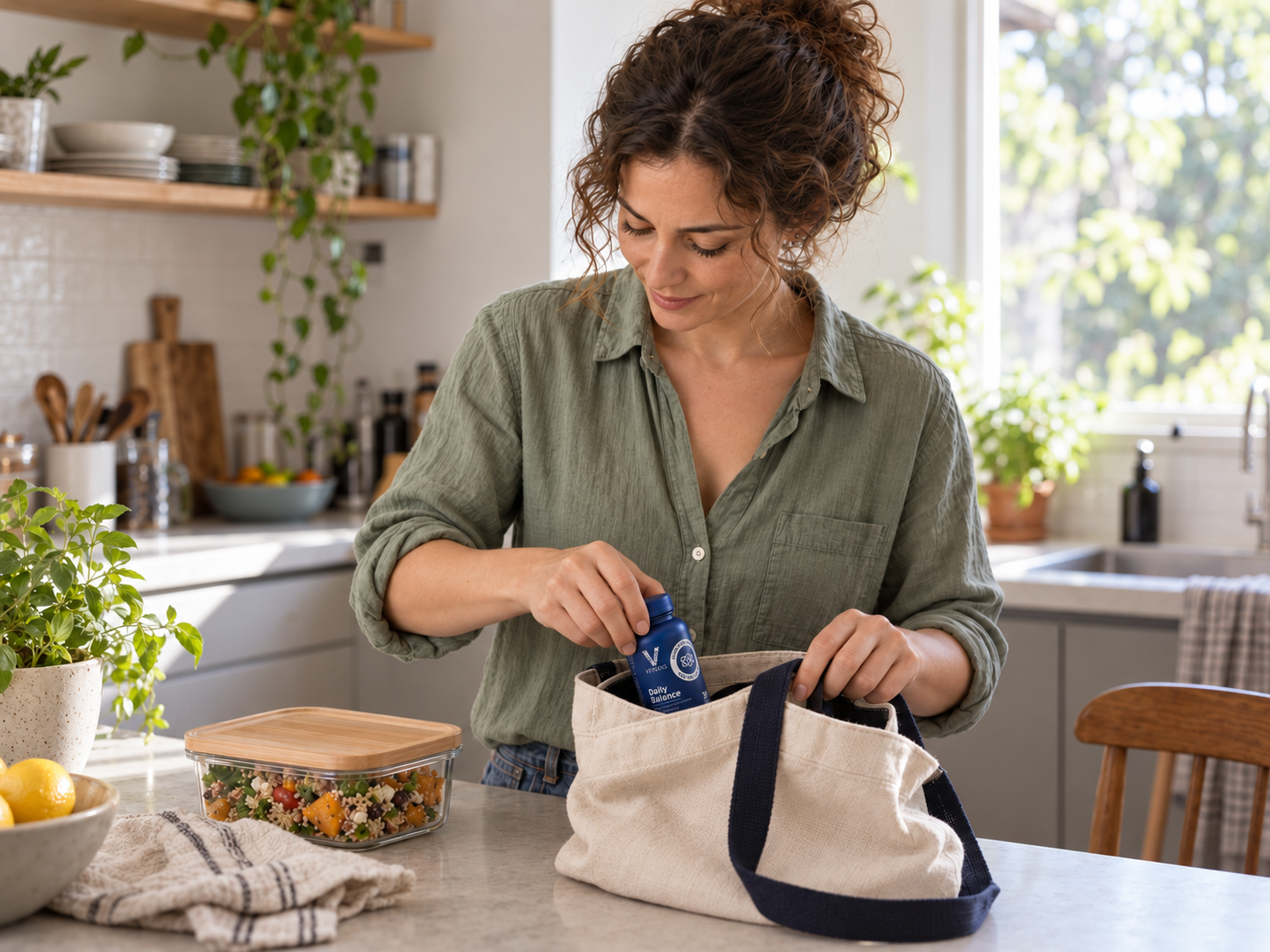 A woman packing lunch and a small VITAXIS Daily Balance bottle into her canvas bag