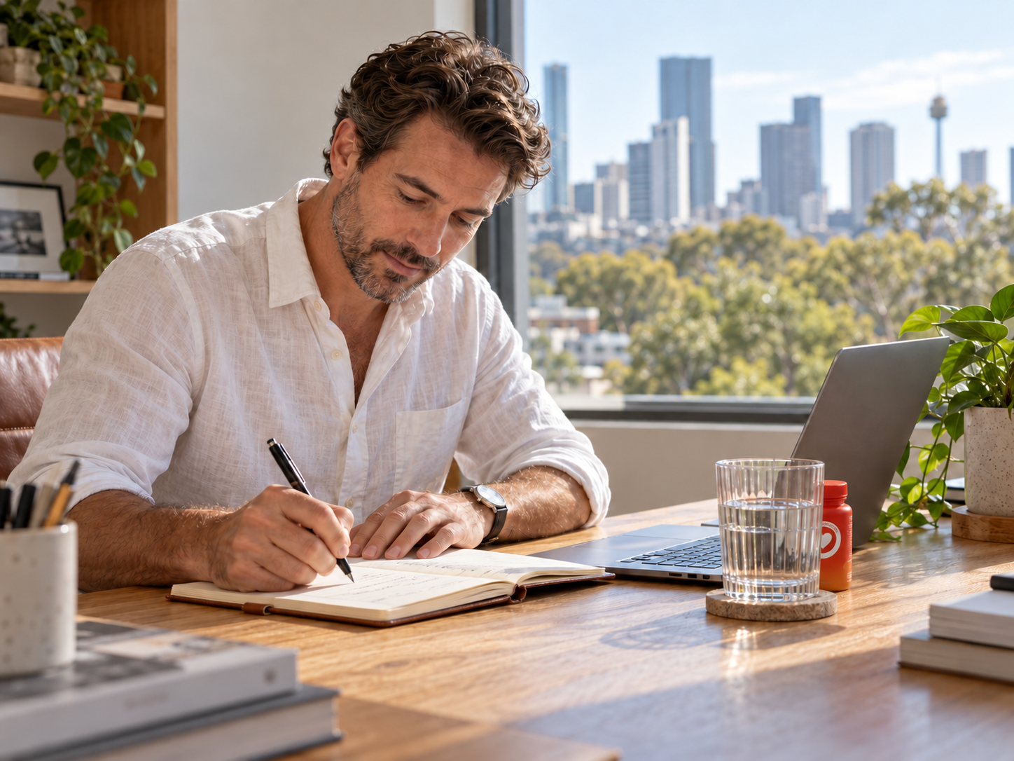 A man at a sunlit Australian workspace with a small VITAXIS Daily Vitality bottle among his desk items