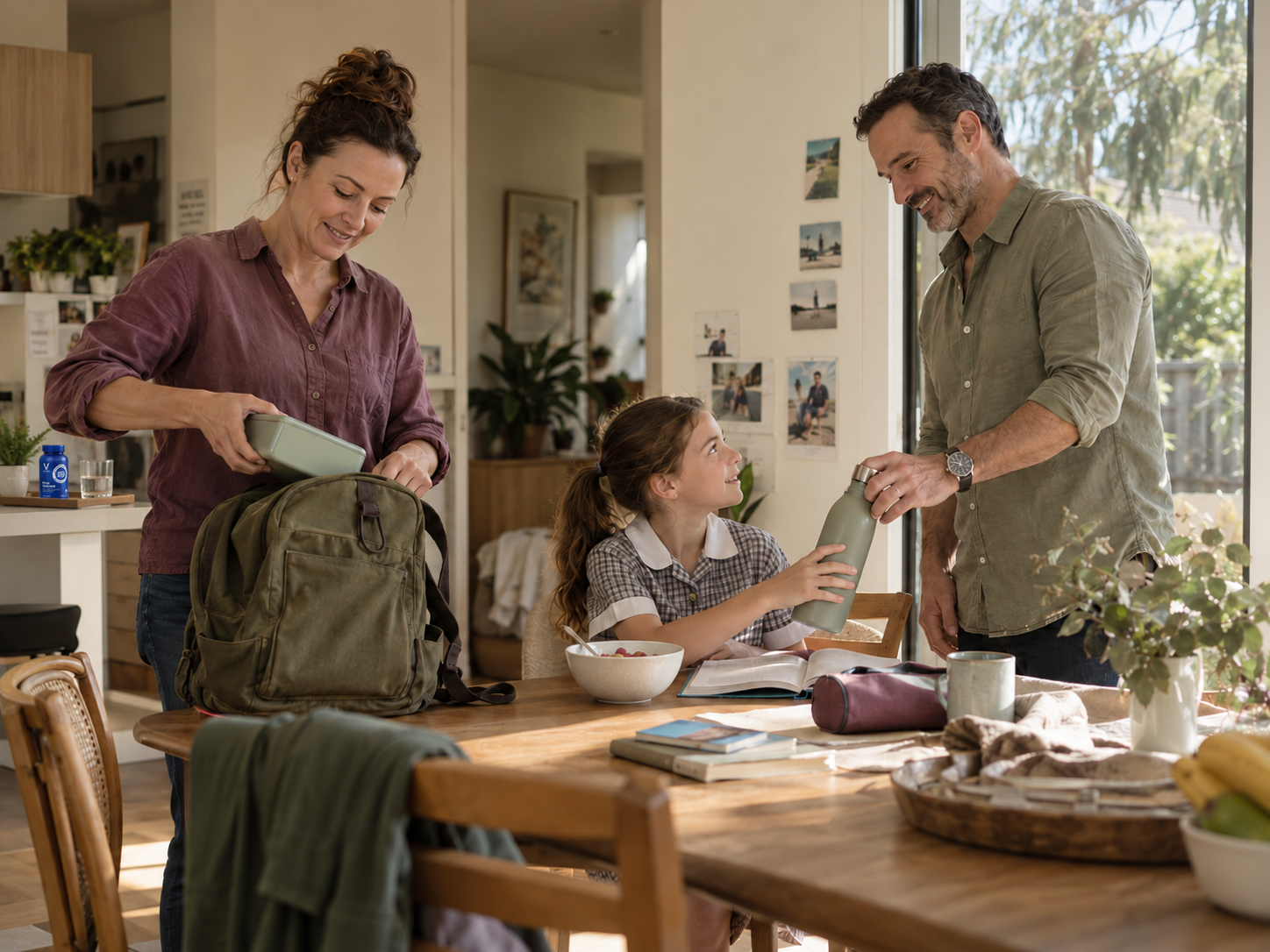 A family preparing for the day with VITAXIS Daily Balance on the adults' kitchen counter