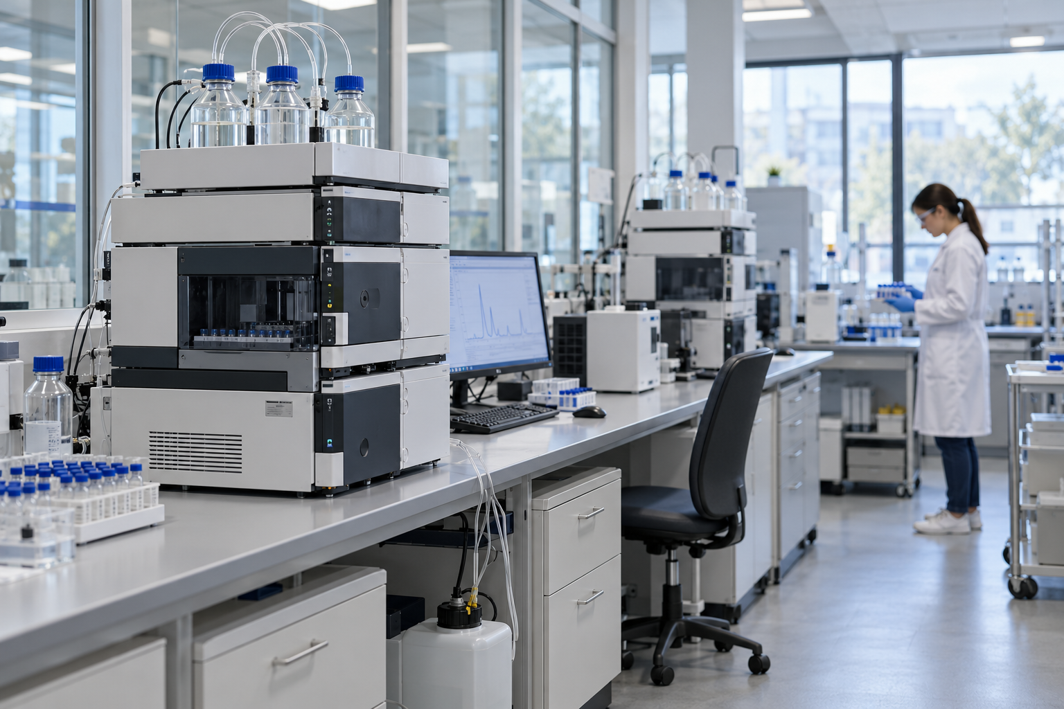 Conceptual analytical laboratory with instrument workstations and organised sample containers