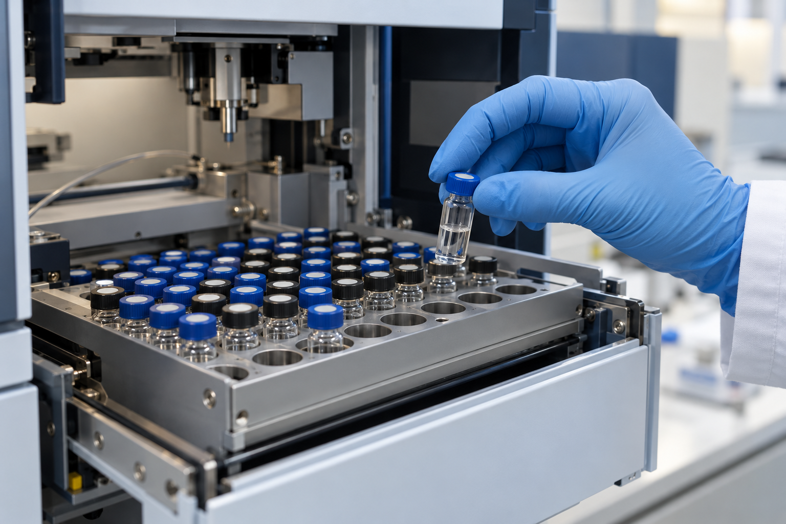 Conceptual close-up of analytical equipment and sample vials in a laboratory