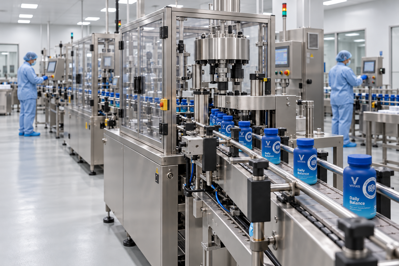Conceptual enclosed capping and packaging line with connected stainless-steel conveyor equipment